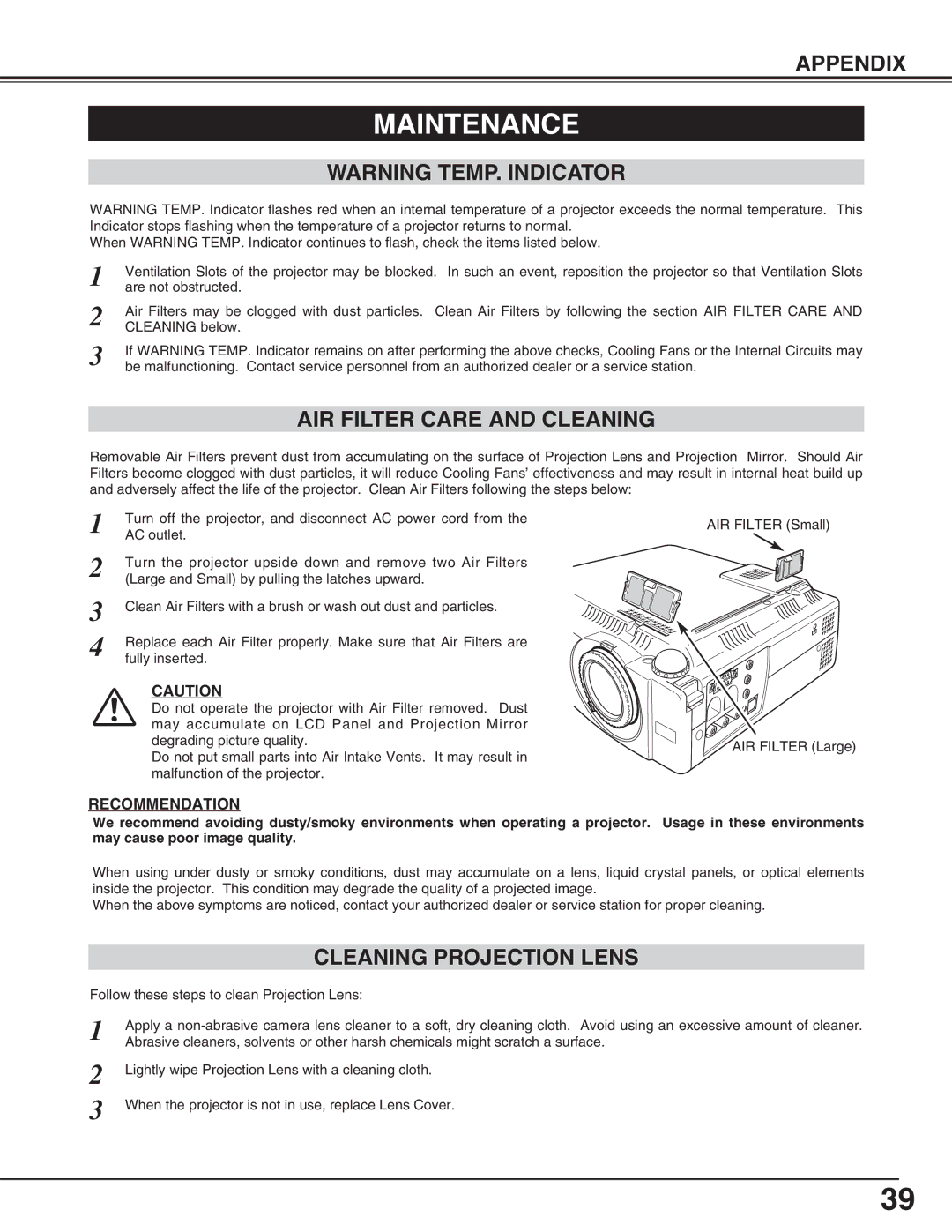 Eiki LC-SM4 owner manual Maintenance, AIR Filter Care and Cleaning, Cleaning Projection Lens, Recommendation 