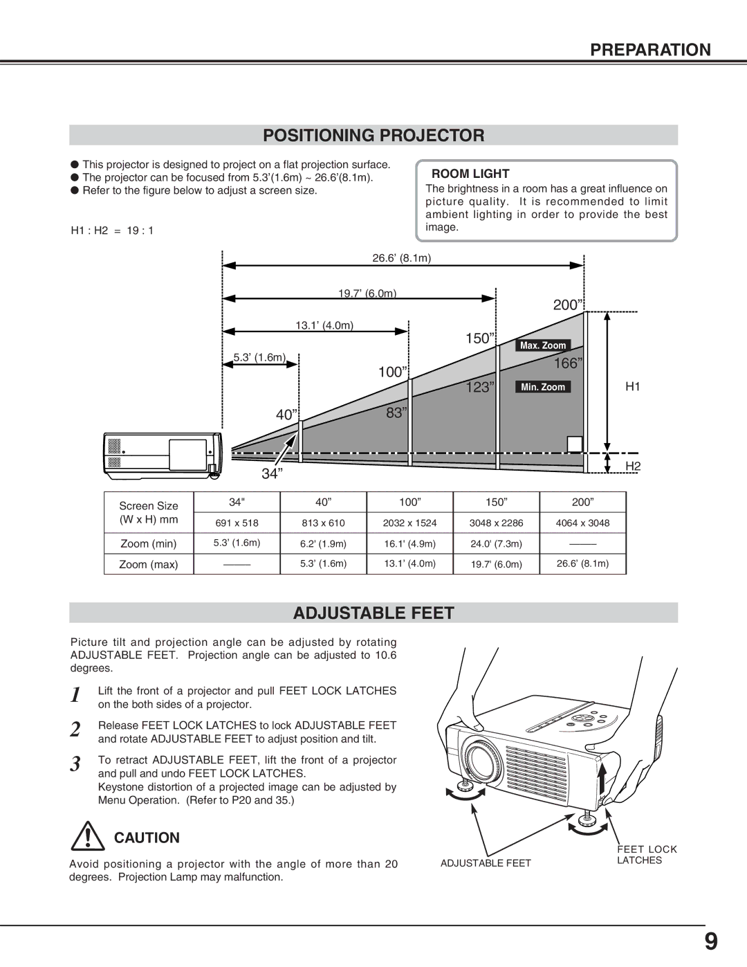 Eiki LC-SM4 owner manual Preparation Positioning Projector, Adjustable Feet, Room Light 