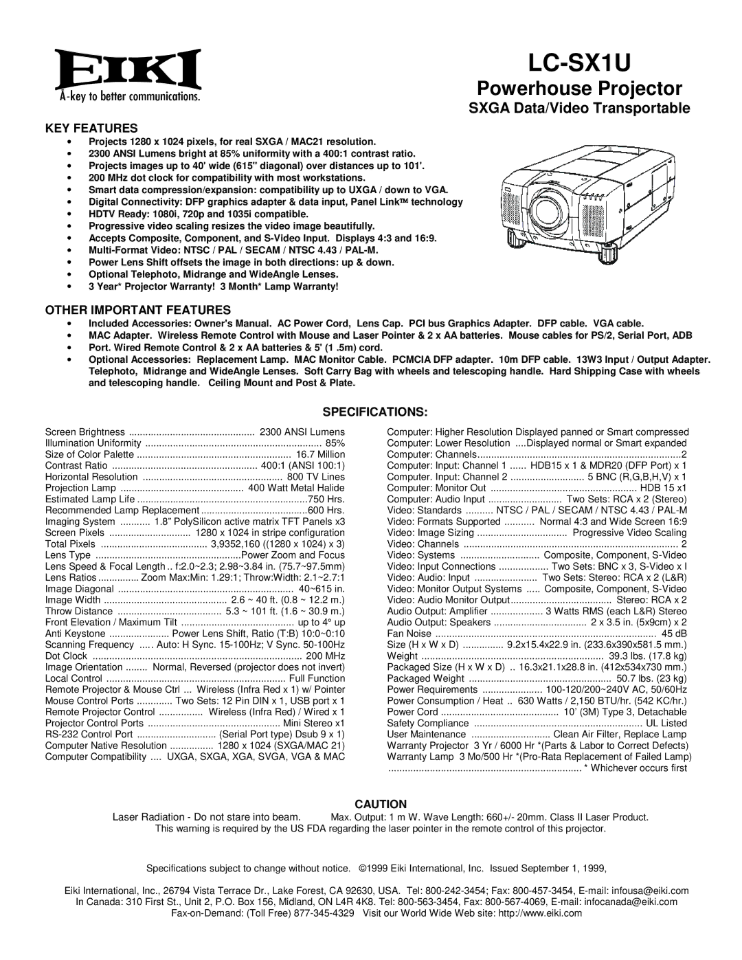 Eiki LC-SX1U specifications Powerhouse Projector, Sxga Data/Video Transportable 