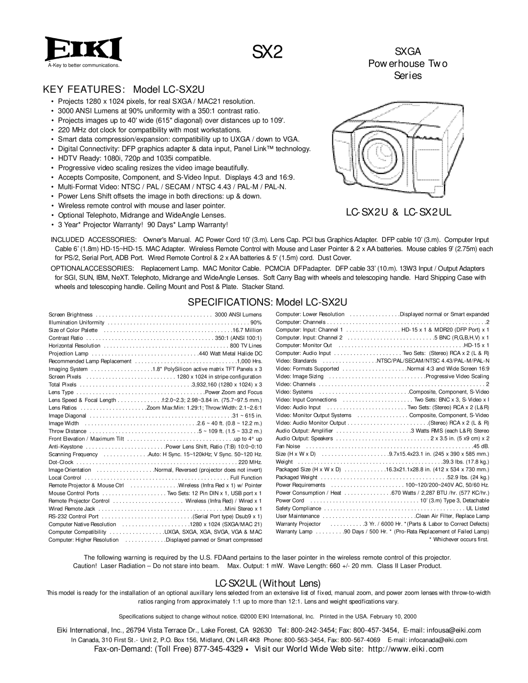 Eiki specifications Sxga, LC-SX2U & LC-SX2UL 
