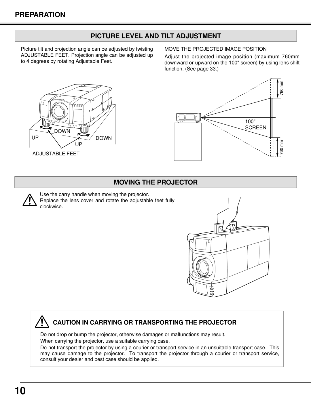 Eiki LC-SX3L instruction manual Picture Level and Tilt Adjustment, Moving the Projector 