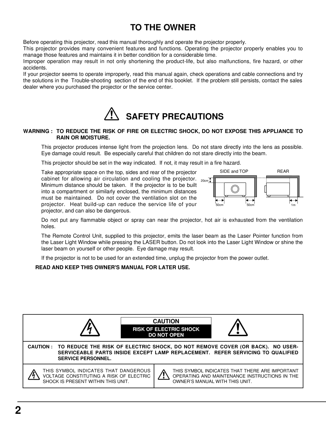 Eiki LC-SX3L instruction manual To the Owner 