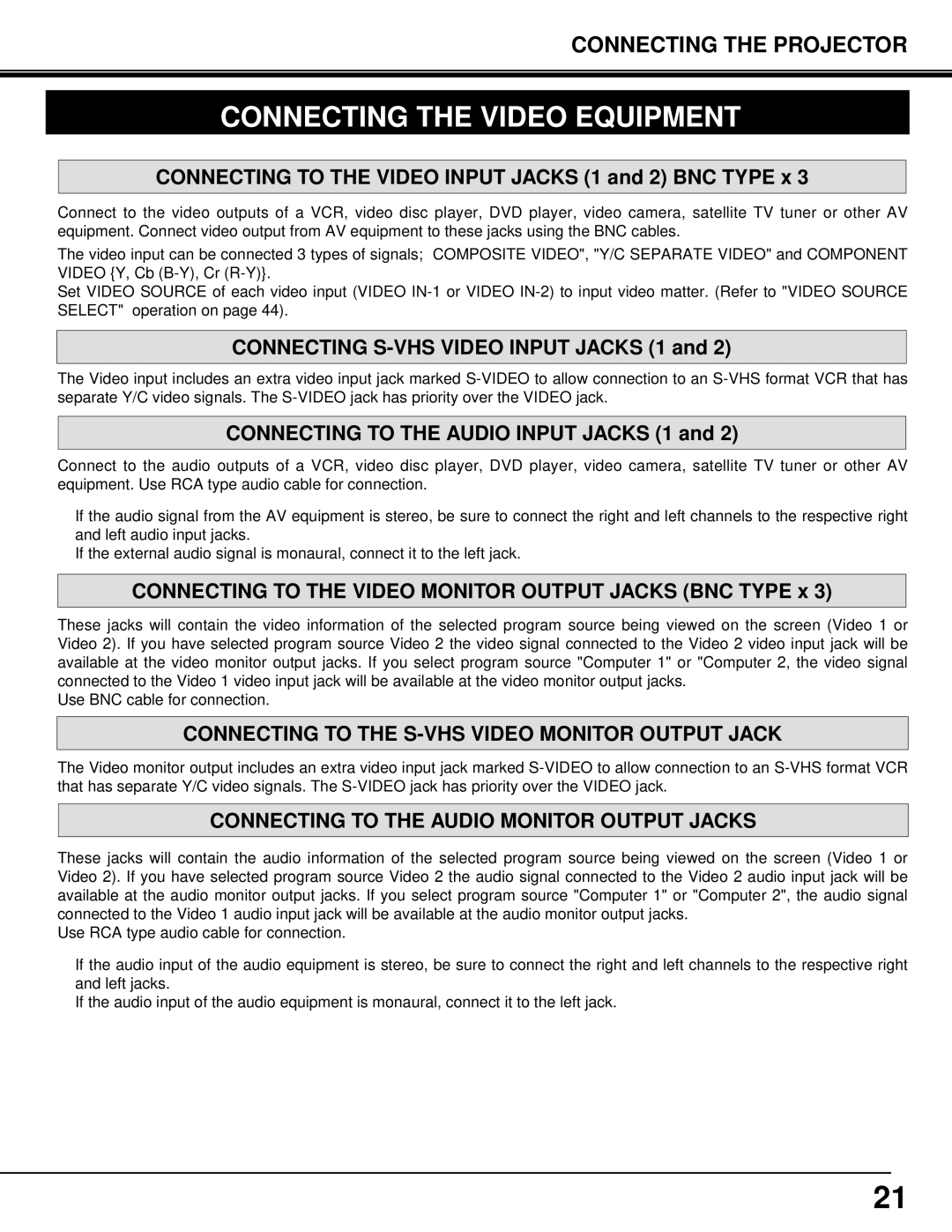 Eiki LC-SX3L instruction manual Connecting the Video Equipment, Connecting to the S-VHS Video Monitor Output Jack 