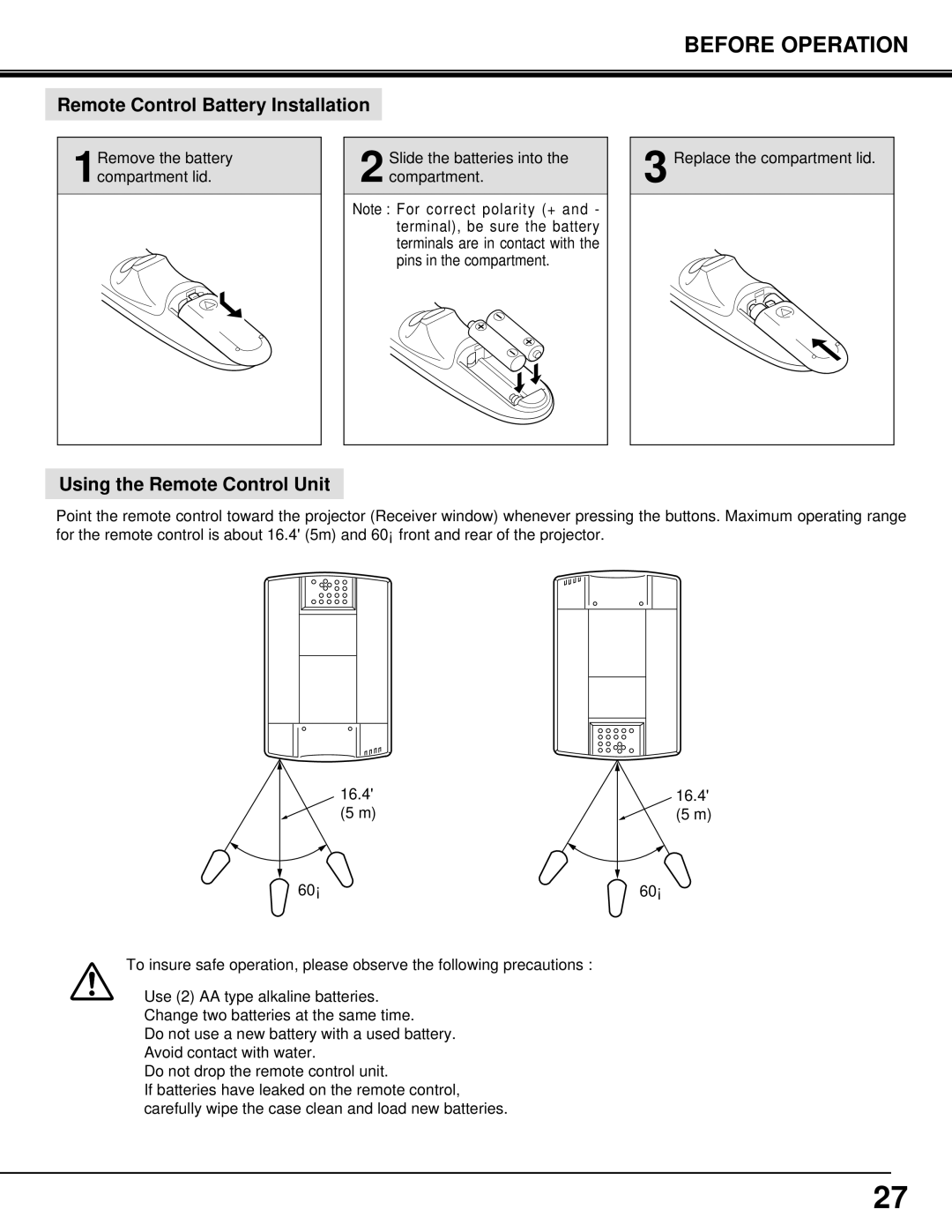 Eiki LC-SX3L instruction manual Remote Control Battery Installation 