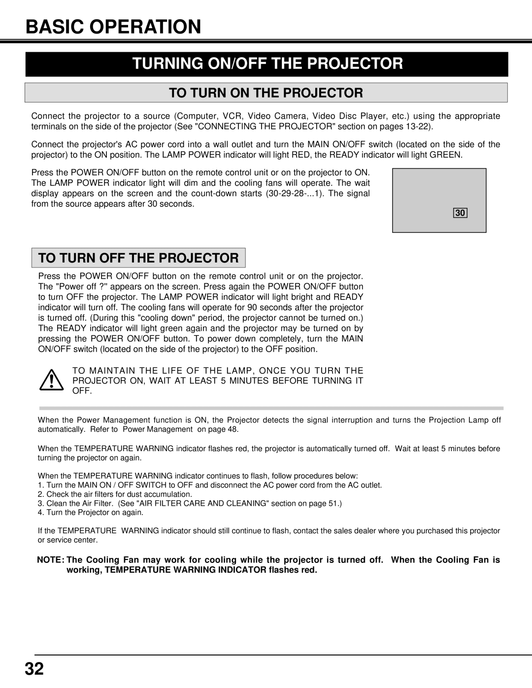 Eiki LC-SX3L Basic Operation, Turning ON/OFF the Projector, To Turn on the Projector, To Turn OFF the Projector 