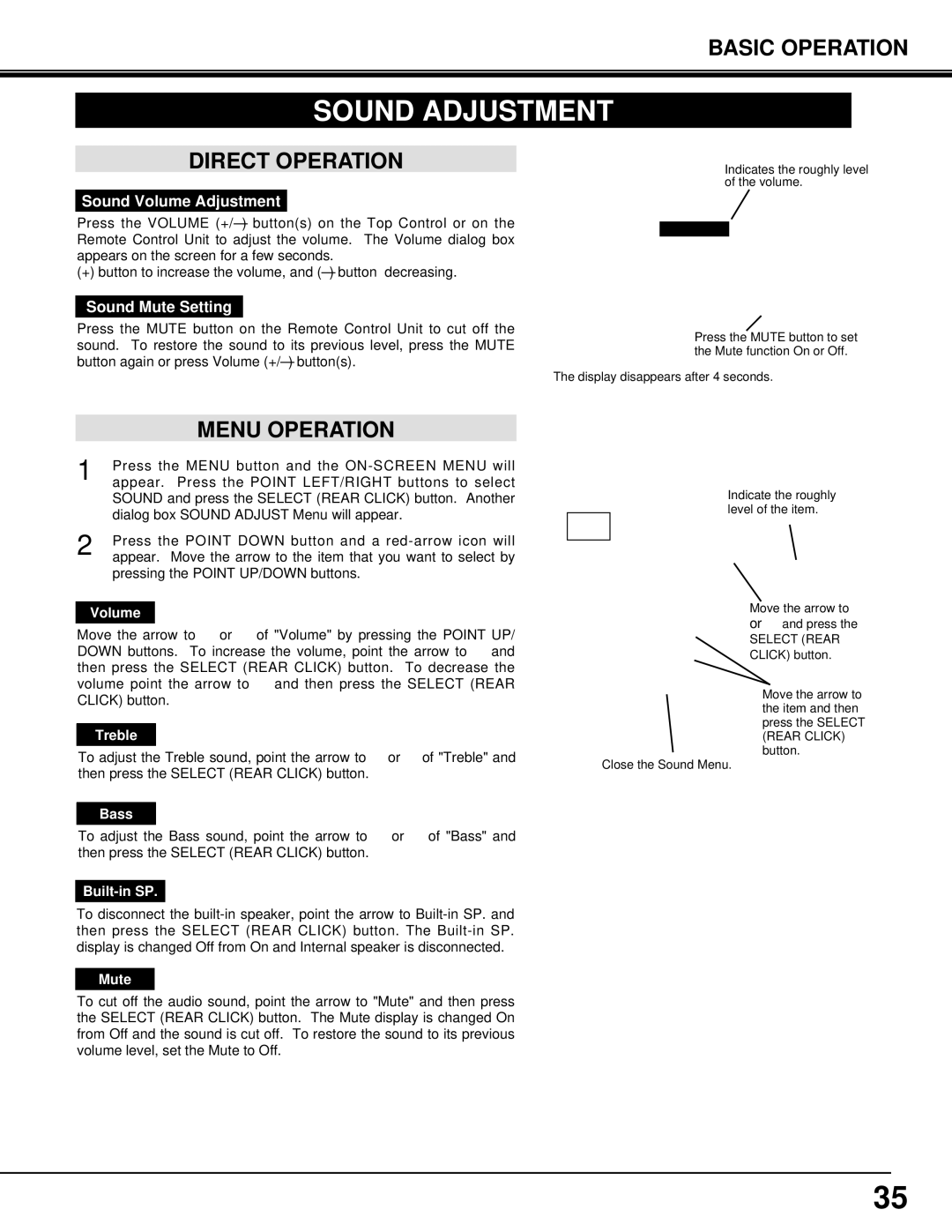 Eiki LC-SX3L instruction manual Sound Adjustment, Direct Operation, Menu Operation 