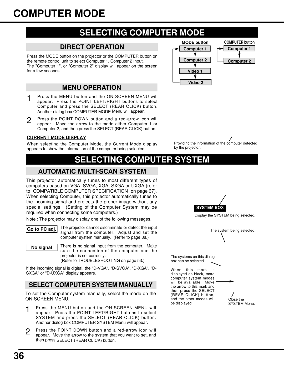 Eiki LC-SX3L instruction manual Selecting Computer Mode, Selecting Computer System, Automatic MULTI-SCAN System 