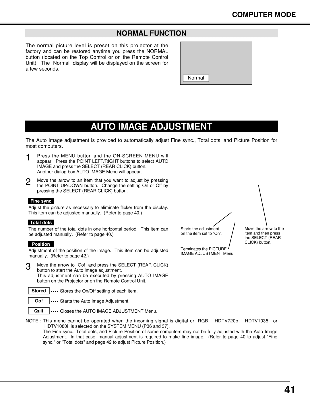 Eiki LC-SX3L instruction manual Computer Mode Normal Function, Position, Starts the Auto Image Adjustment 