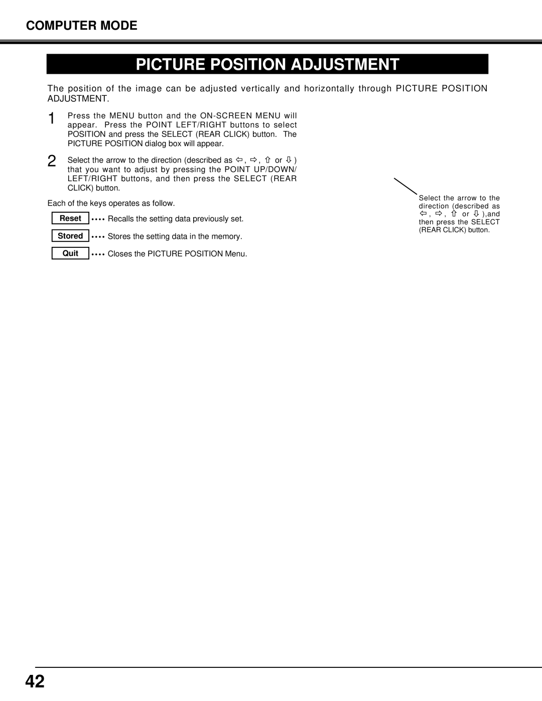 Eiki LC-SX3L instruction manual Picture Position Adjustment, Reset Recalls the setting data previously set 