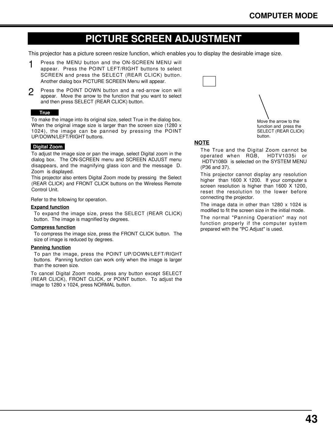 Eiki LC-SX3L instruction manual Picture Screen Adjustment, True, Digital Zoom 