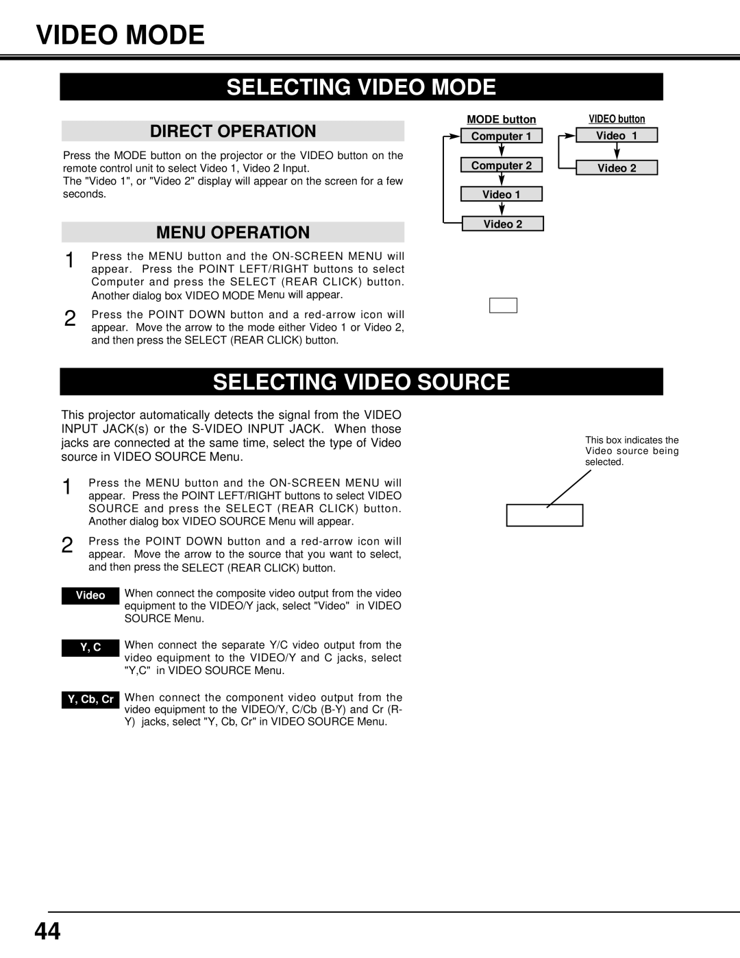 Eiki LC-SX3L instruction manual Selecting Video Mode, Selecting Video Source, Cb, Cr 