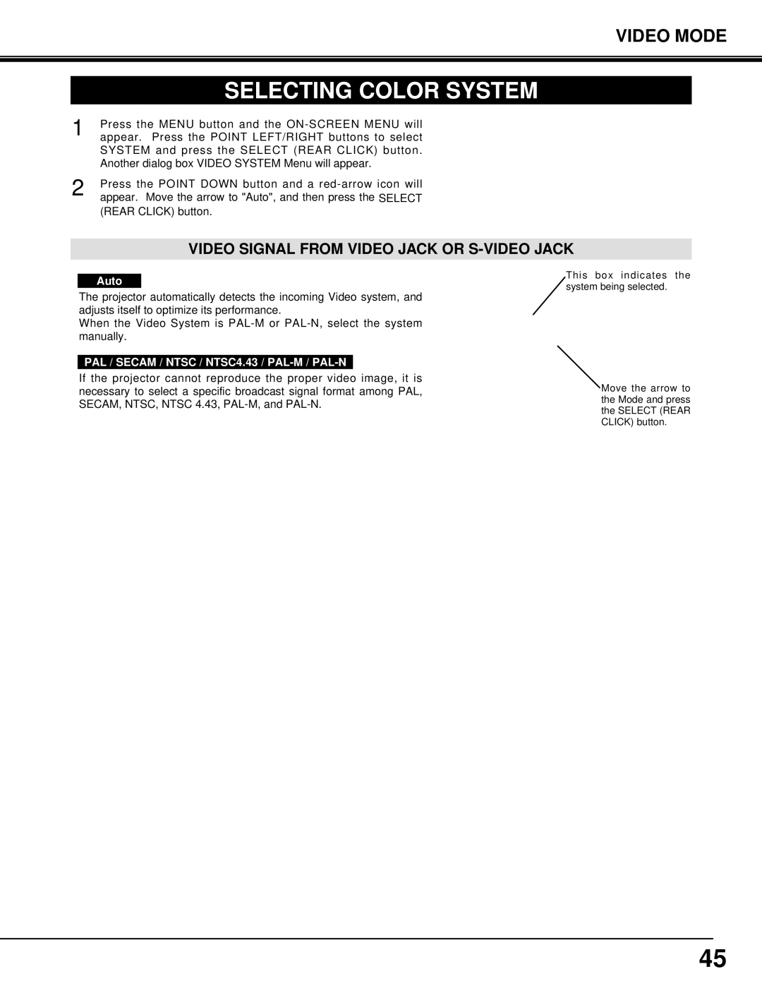 Eiki LC-SX3L instruction manual Selecting Color System, Auto 