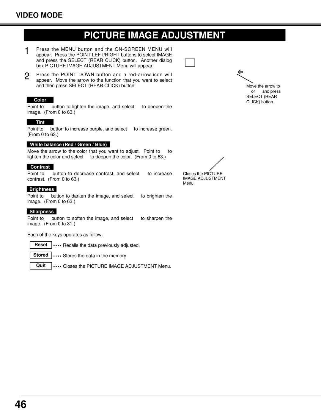 Eiki LC-SX3L instruction manual Picture Image Adjustment, Color, Tint 