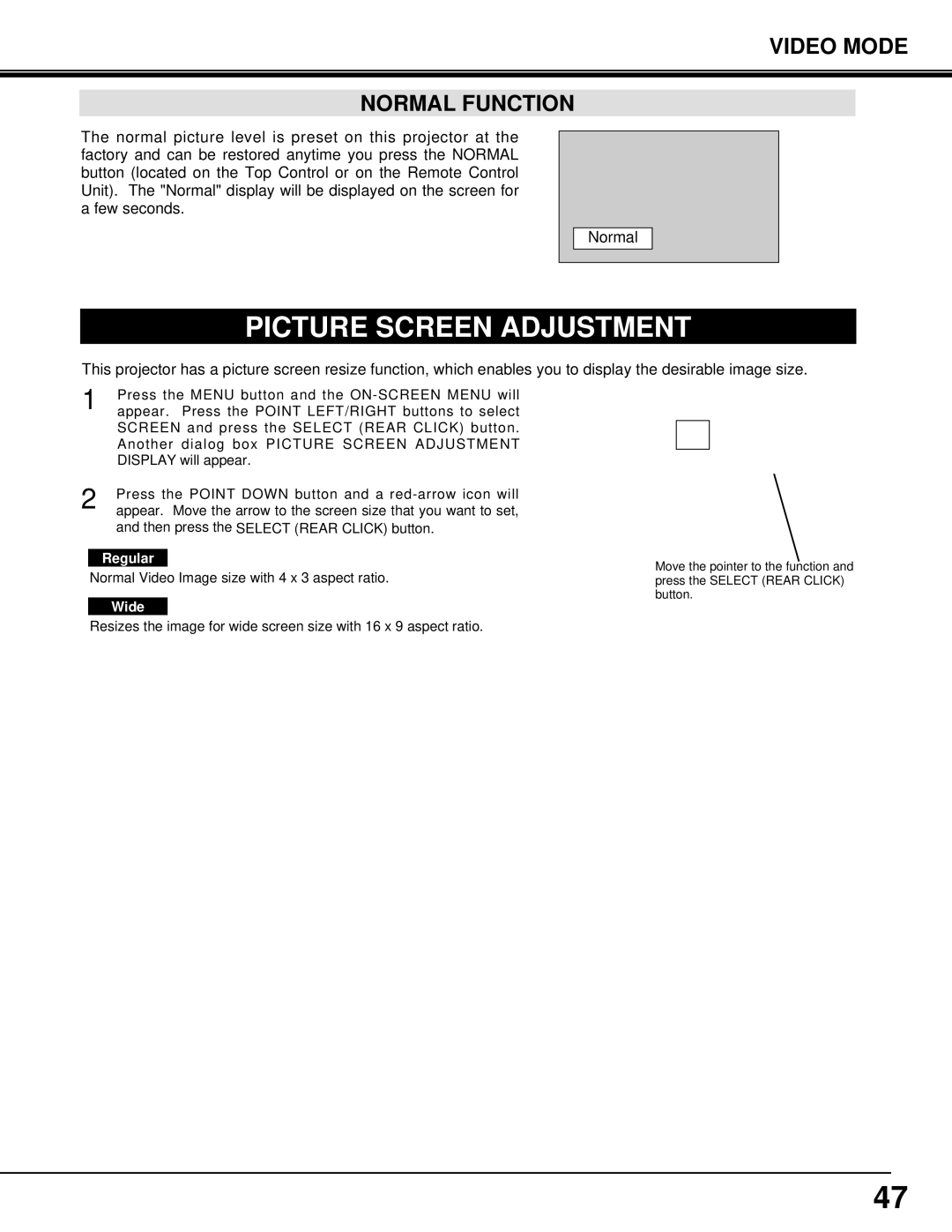 Eiki LC-SX3L instruction manual Video Mode Normal Function, Regular, Wide 