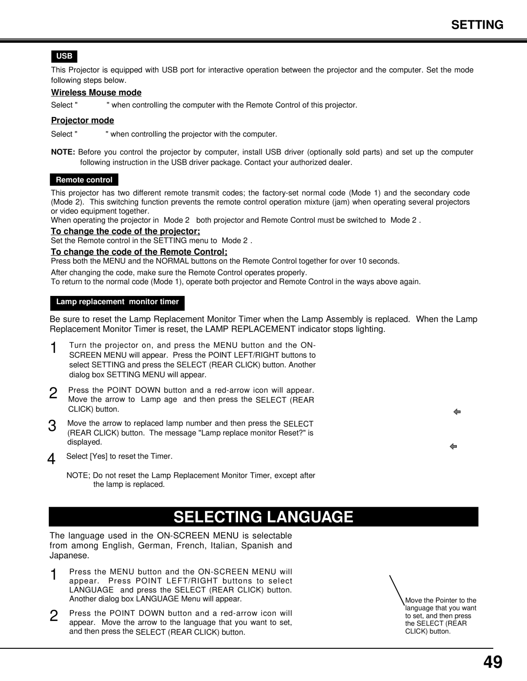 Eiki LC-SX3L instruction manual Usb, Remote control 