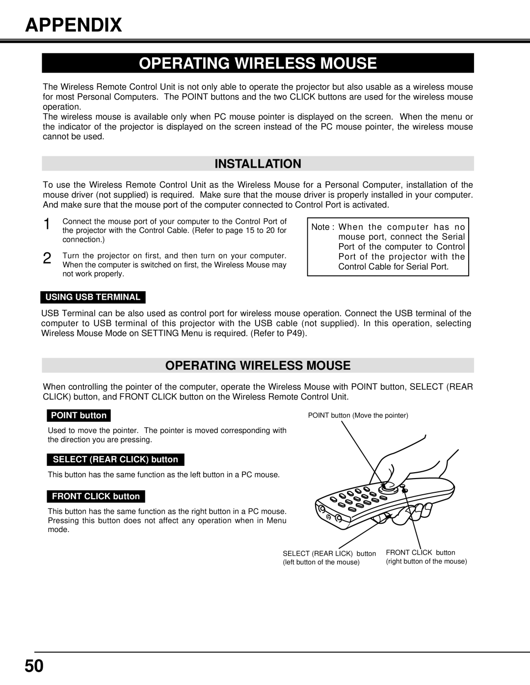 Eiki LC-SX3L instruction manual Appendix, Operating Wireless Mouse, Installation 