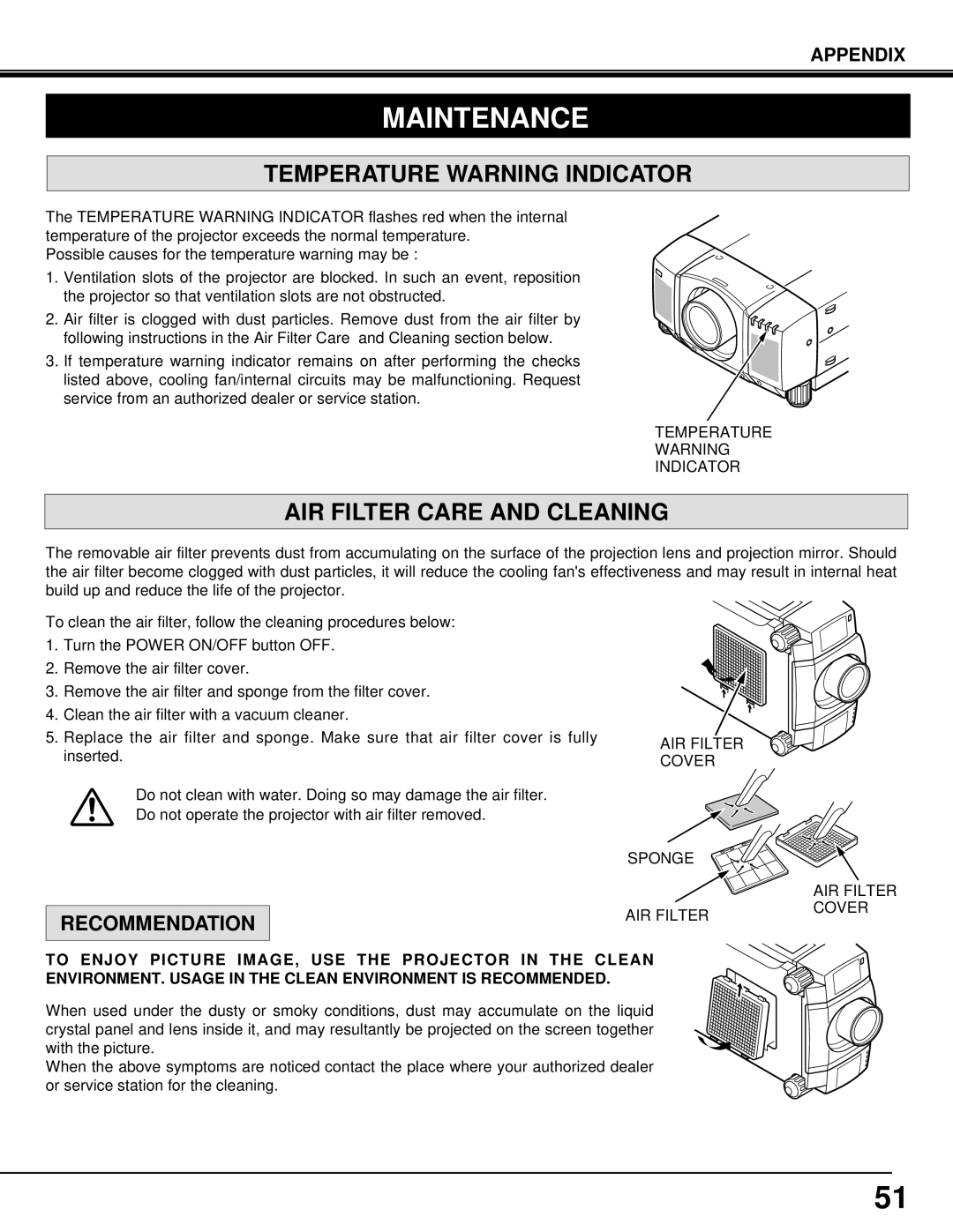 Eiki LC-SX3L instruction manual Maintenance, Temperature Warning Indicator, AIR Filter Care and Cleaning, Recommendation 