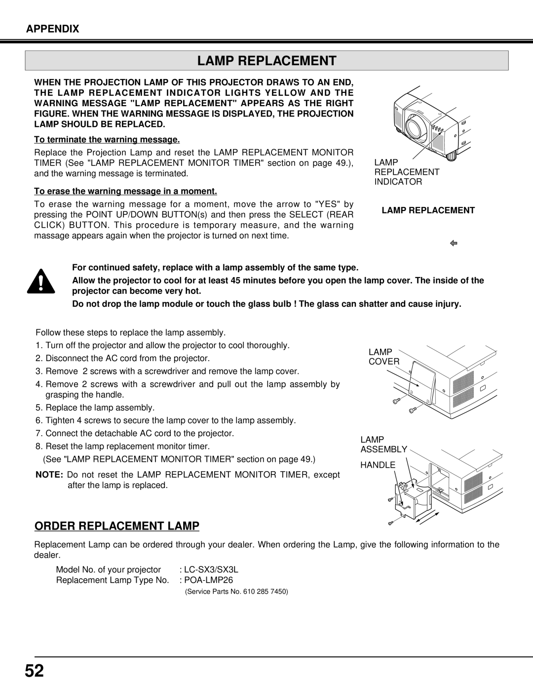 Eiki LC-SX3L instruction manual Lamp Replacement, Order Replacement Lamp 