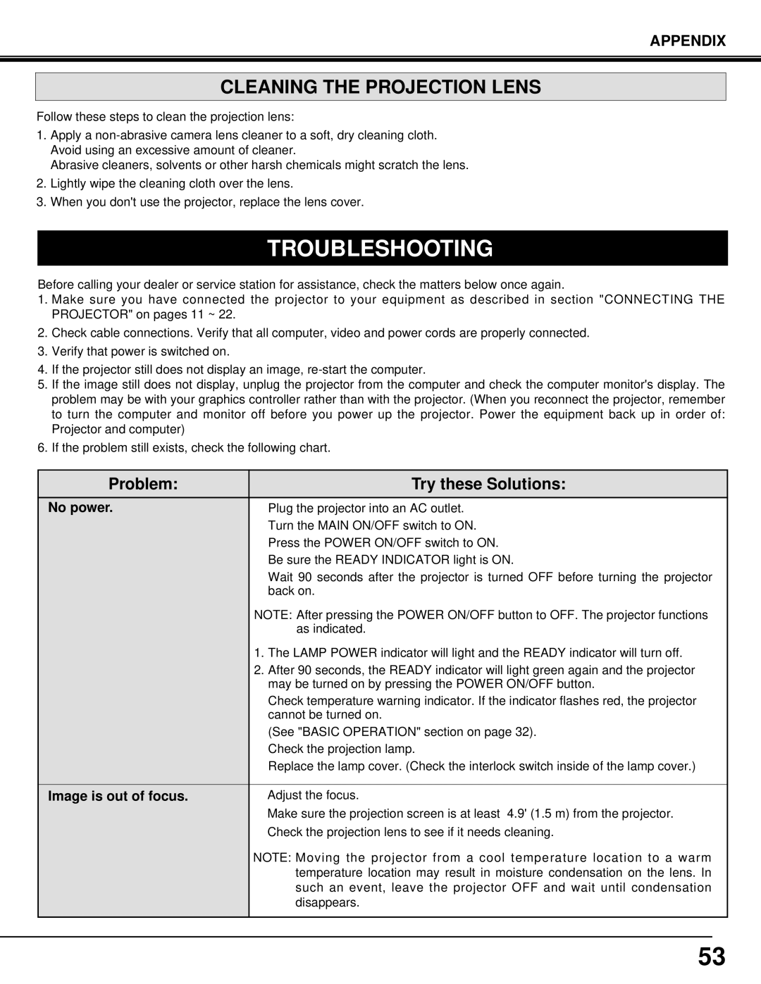 Eiki LC-SX3L instruction manual Troubleshooting, Cleaning the Projection Lens 