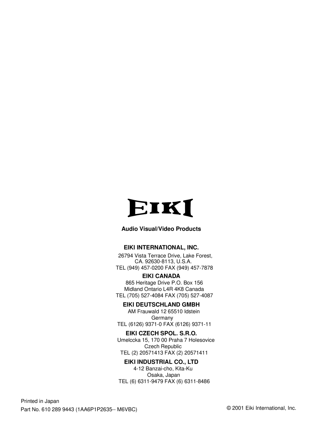 Eiki LC-SX3L instruction manual Eiki INTERNATIONAL, INC 