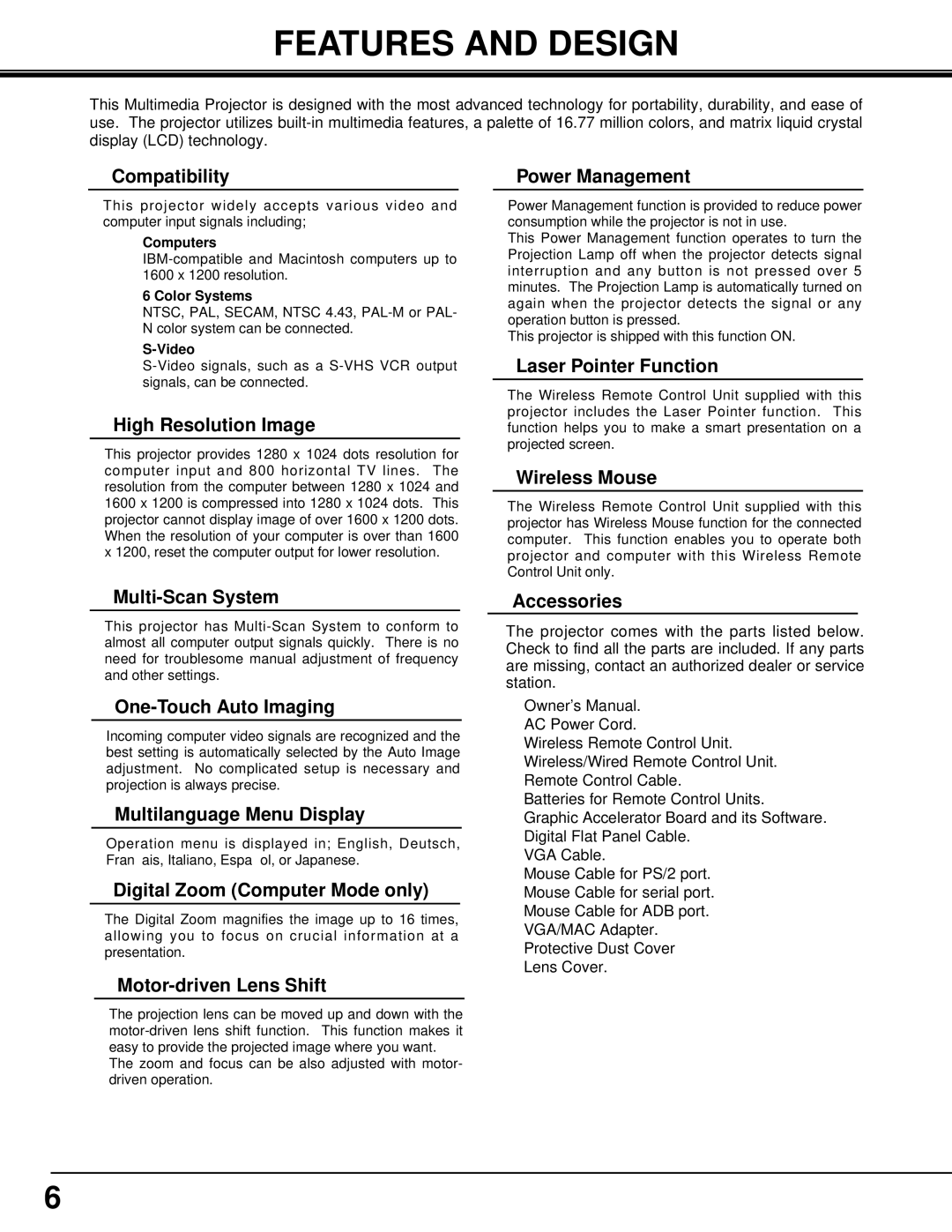 Eiki LC-SX3L instruction manual Features and Design, Computers, Color Systems, Video 