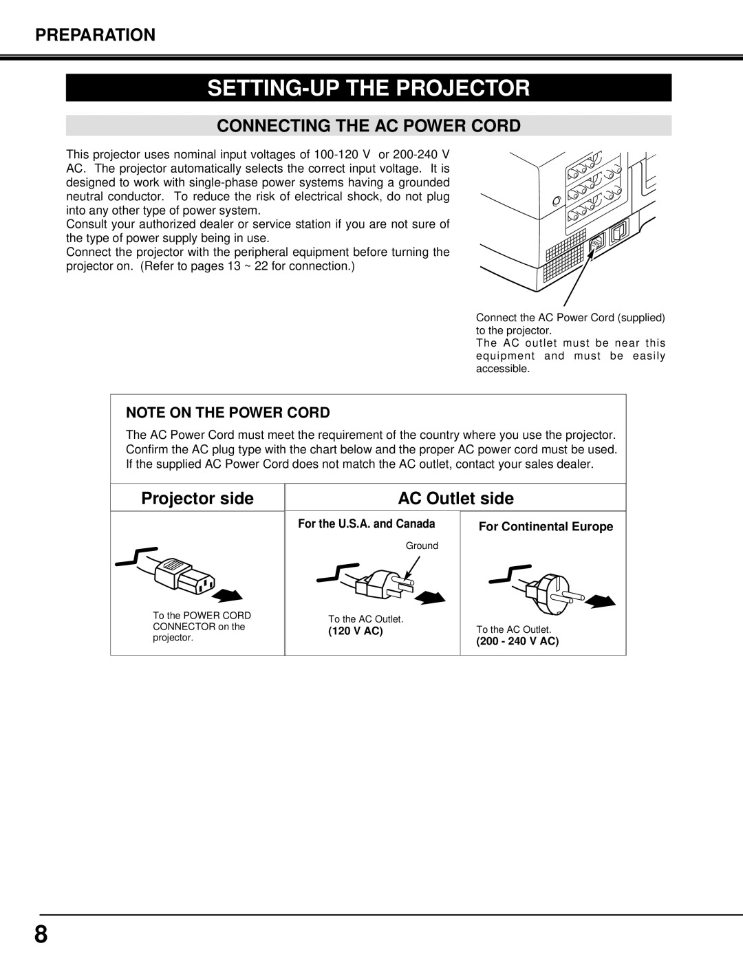 Eiki LC-SX3L instruction manual SETTING-UP the Projector, Connecting the AC Power Cord, 200 240 V AC 