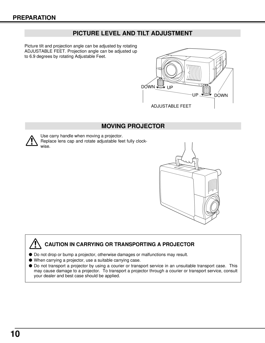 Eiki LC-SX4L instruction manual Preparation Picture Level and Tilt Adjustment, Moving Projector 