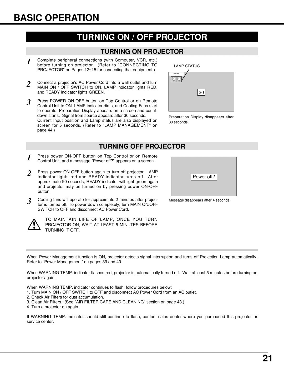 Eiki LC-SX4L instruction manual Basic Operation, Turning on / OFF Projector, Turning on Projector, Turning OFF Projector 