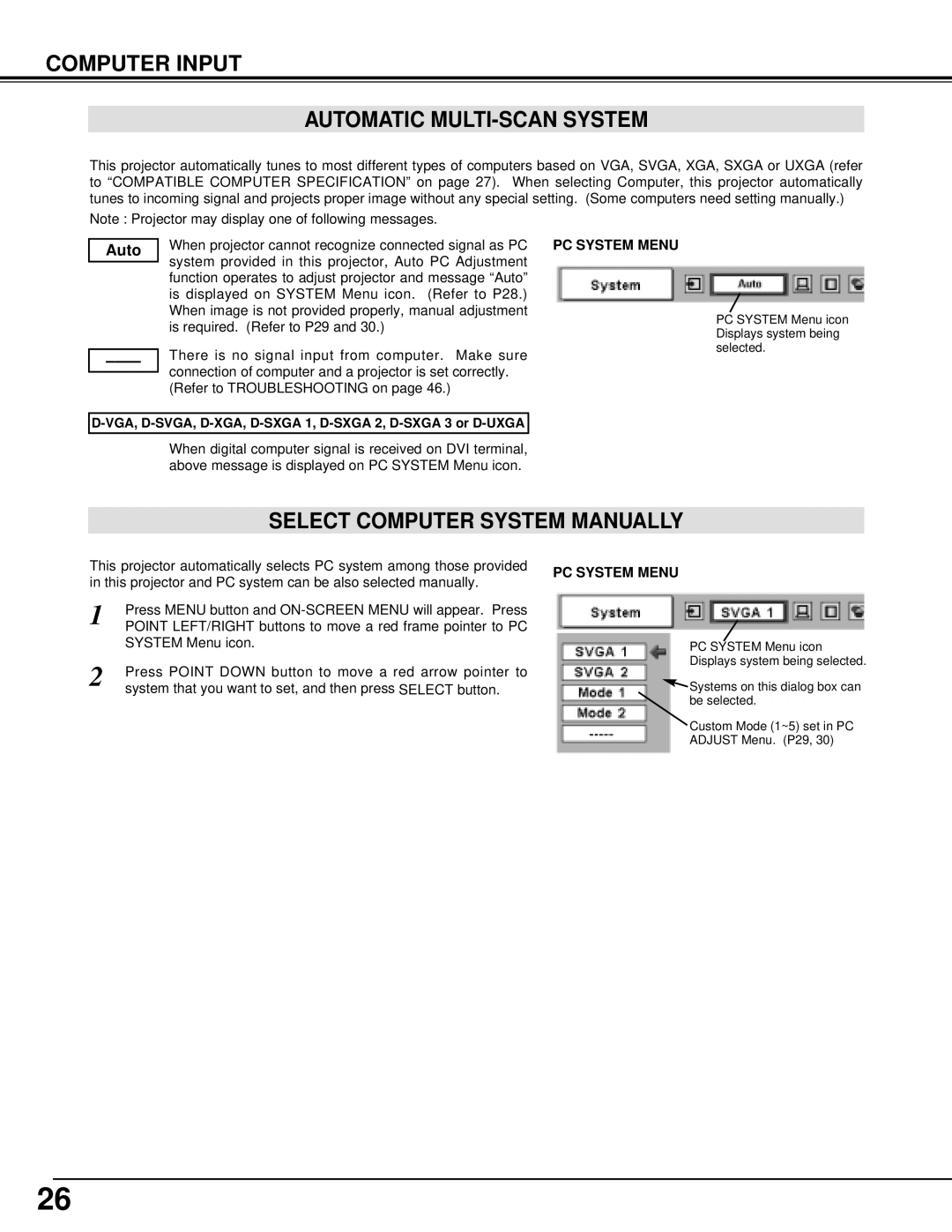 Eiki LC-SX4L instruction manual Computer Input Automatic MULTI-SCAN System, Select Computer System Manually, PC System Menu 