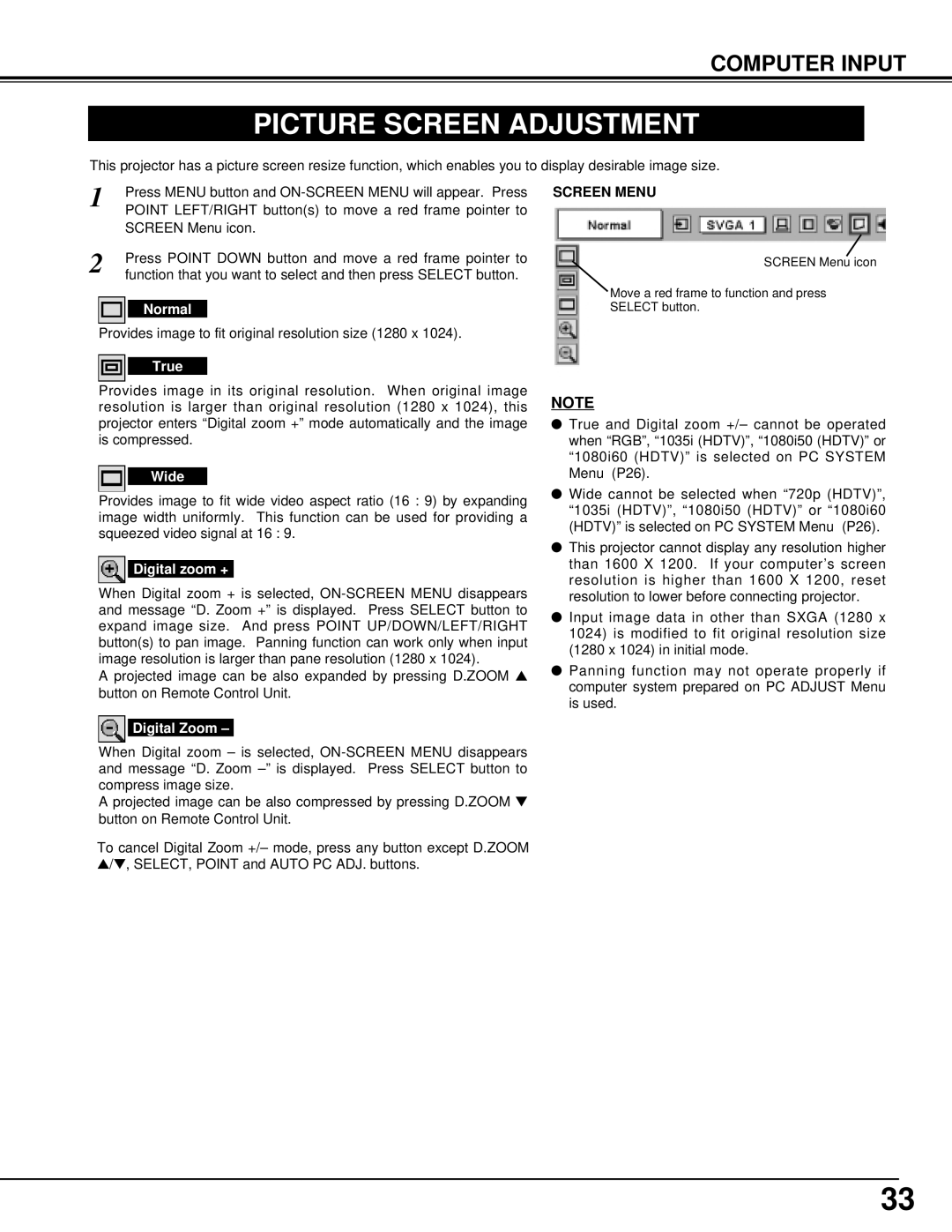 Eiki LC-SX4L instruction manual Picture Screen Adjustment, Screen Menu 