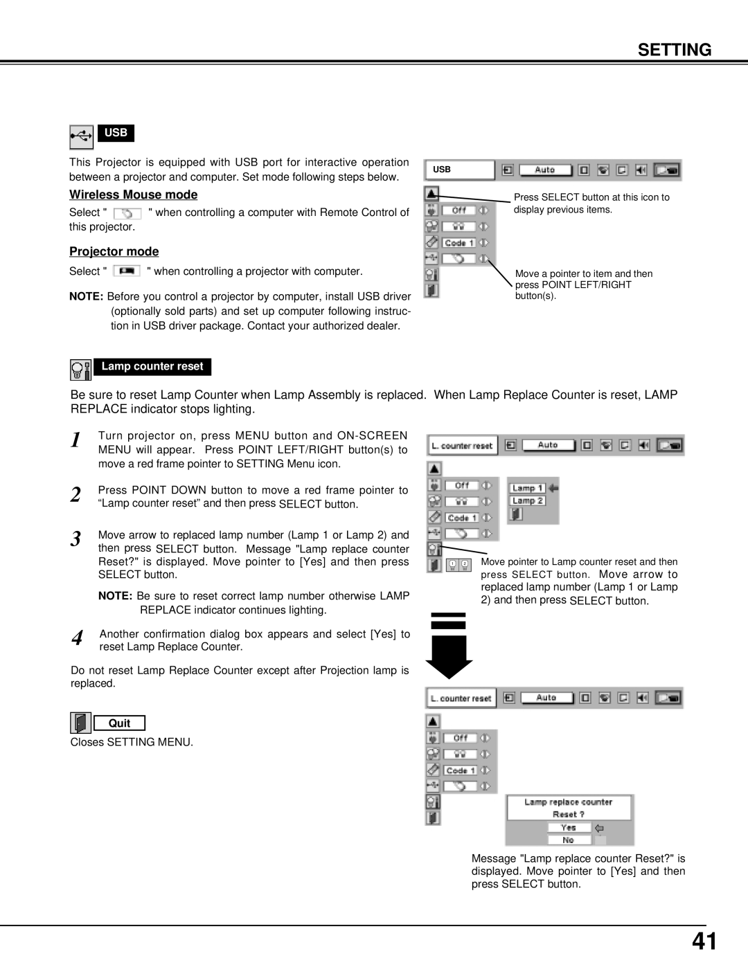 Eiki LC-SX4L instruction manual Wireless Mouse mode, Projector mode, Lamp counter reset 