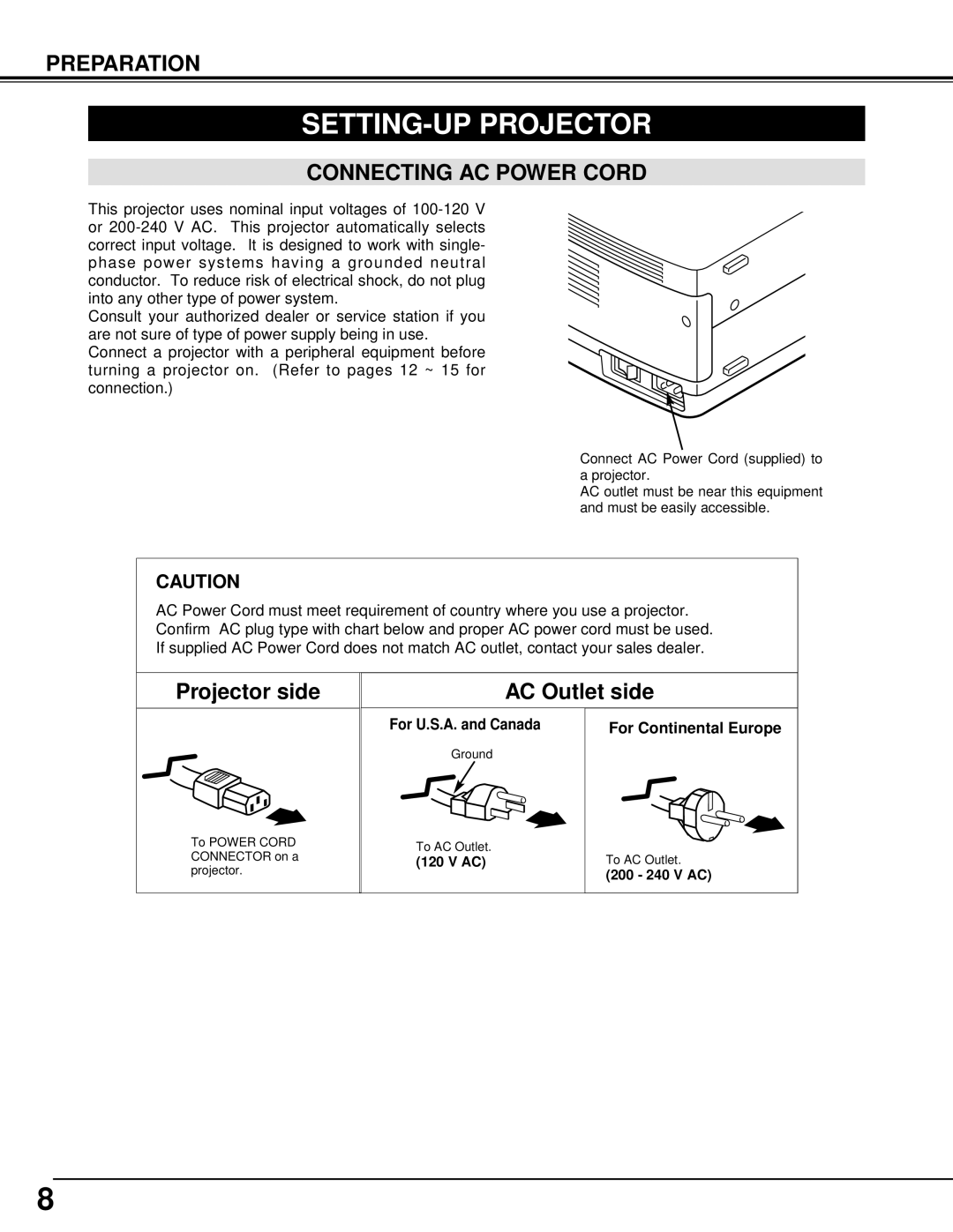 Eiki LC-SX4L SETTING-UP Projector, Connecting AC Power Cord, For U.S.A. and Canada For Continental Europe 