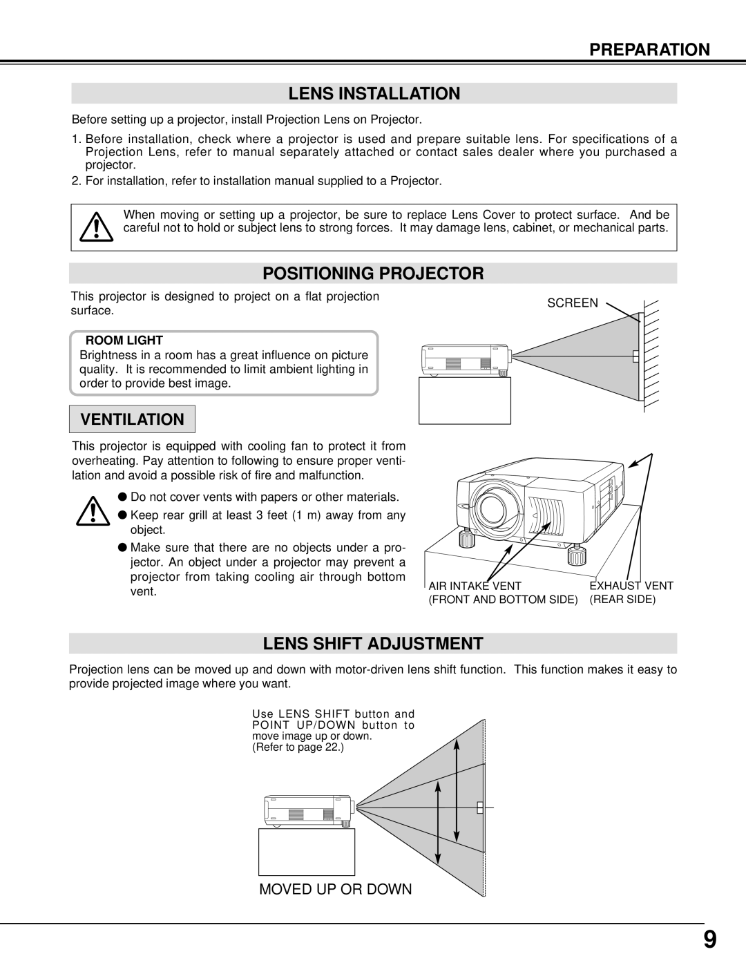 Eiki LC-SX4L instruction manual Preparation Lens Installation, Positioning Projector, Lens Shift Adjustment 