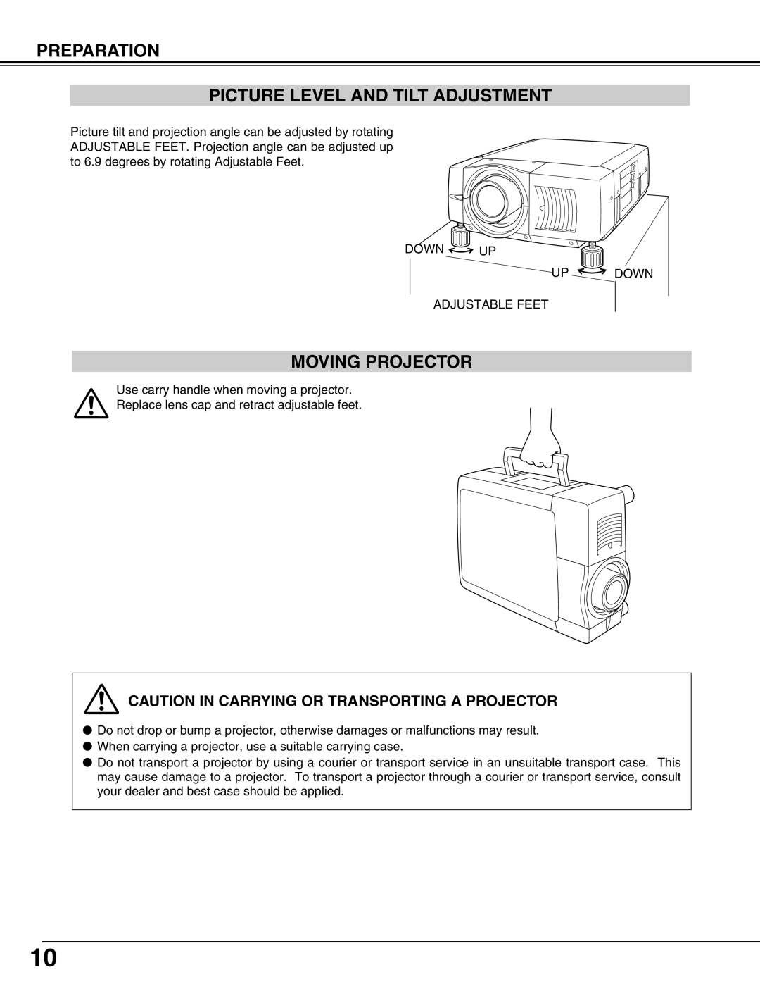 Eiki LC-SX4LA instruction manual Preparation Picture Level And Tilt Adjustment, Moving Projector 