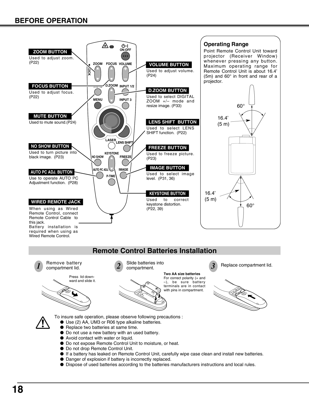 Eiki LC-SX4LA instruction manual Remote Control Batteries Installation, Before Operation, Operating Range, 16.4’ 5 m 