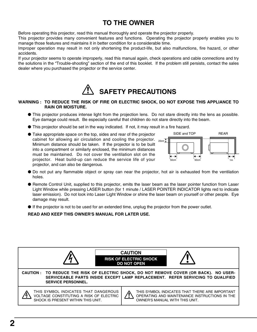 Eiki LC-SX4LA instruction manual To The Owner, Safety Precautions, Read And Keep This Owners Manual For Later Use 