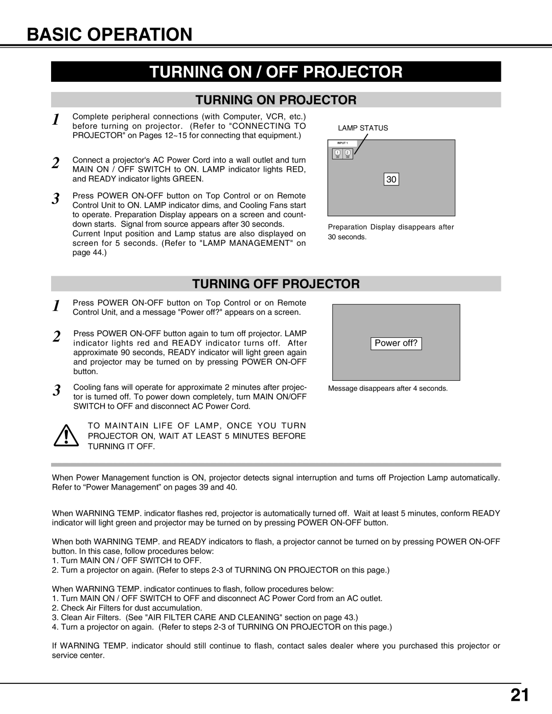 Eiki LC-SX4LA instruction manual Basic Operation, Turning On / Off Projector, Turning On Projector, Turning Off Projector 