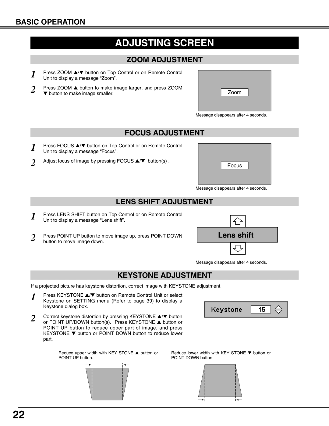 Eiki LC-SX4LA Adjusting Screen, Focus Adjustment, Lens shift, Keystone Adjustment, Basic Operation, Lens Shift Adjustment 