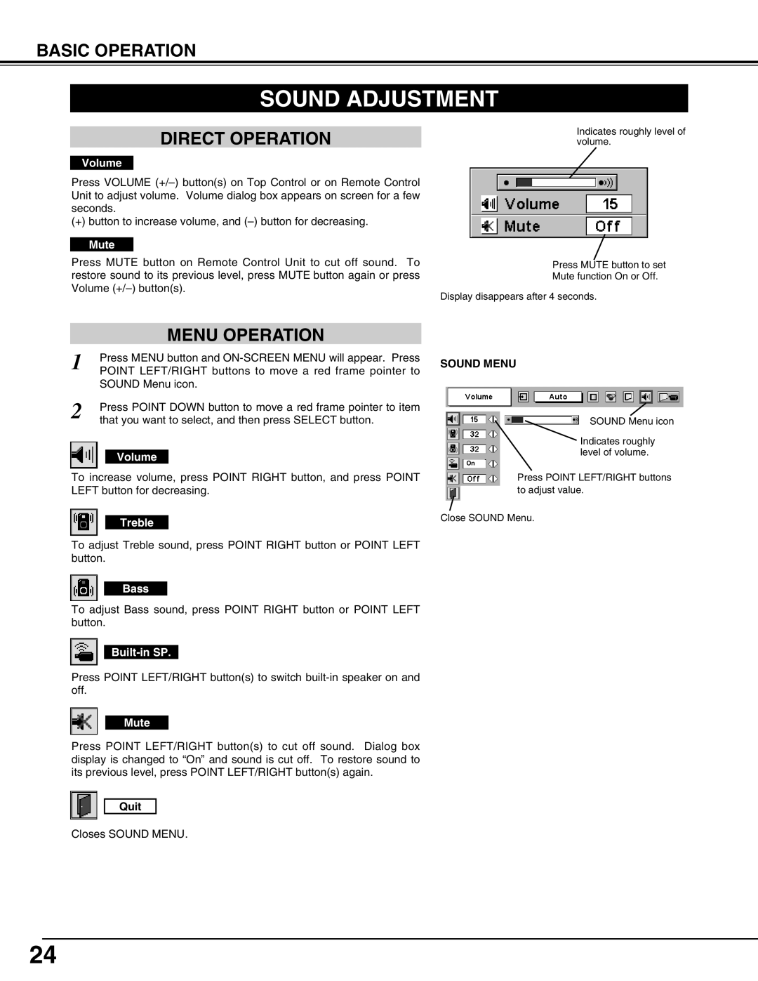 Eiki LC-SX4LA instruction manual Sound Adjustment, Direct Operation, Menu Operation, Basic Operation, Quit, Sound Menu 