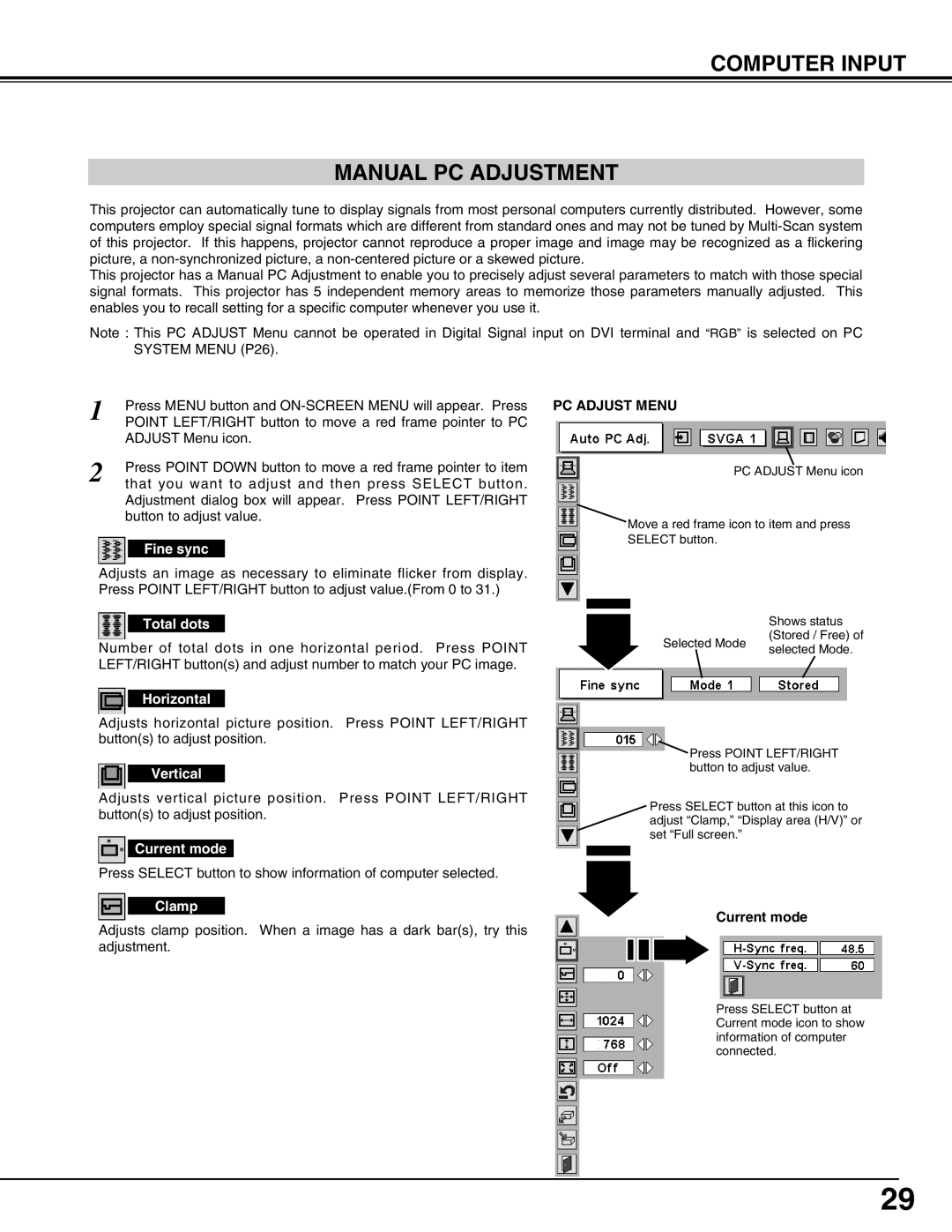 Eiki LC-SX4LA Computer Input Manual Pc Adjustment, Fine sync, Total dots, Horizontal, Vertical, Current mode, Clamp 