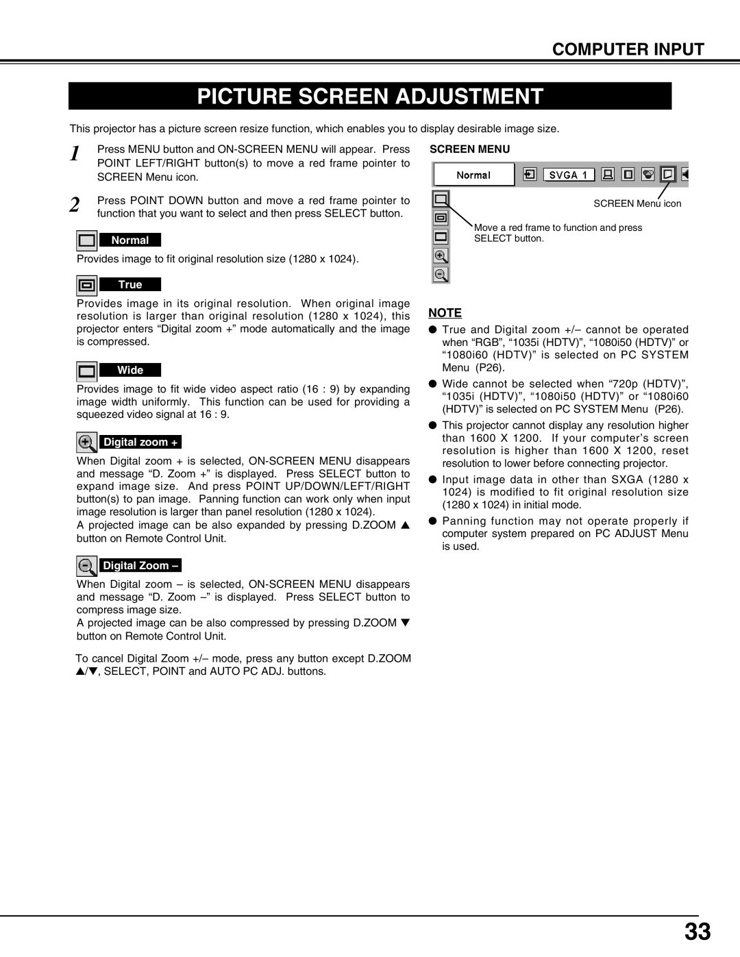 Eiki LC-SX4LA instruction manual Picture Screen Adjustment, Computer Input, Screen Menu 