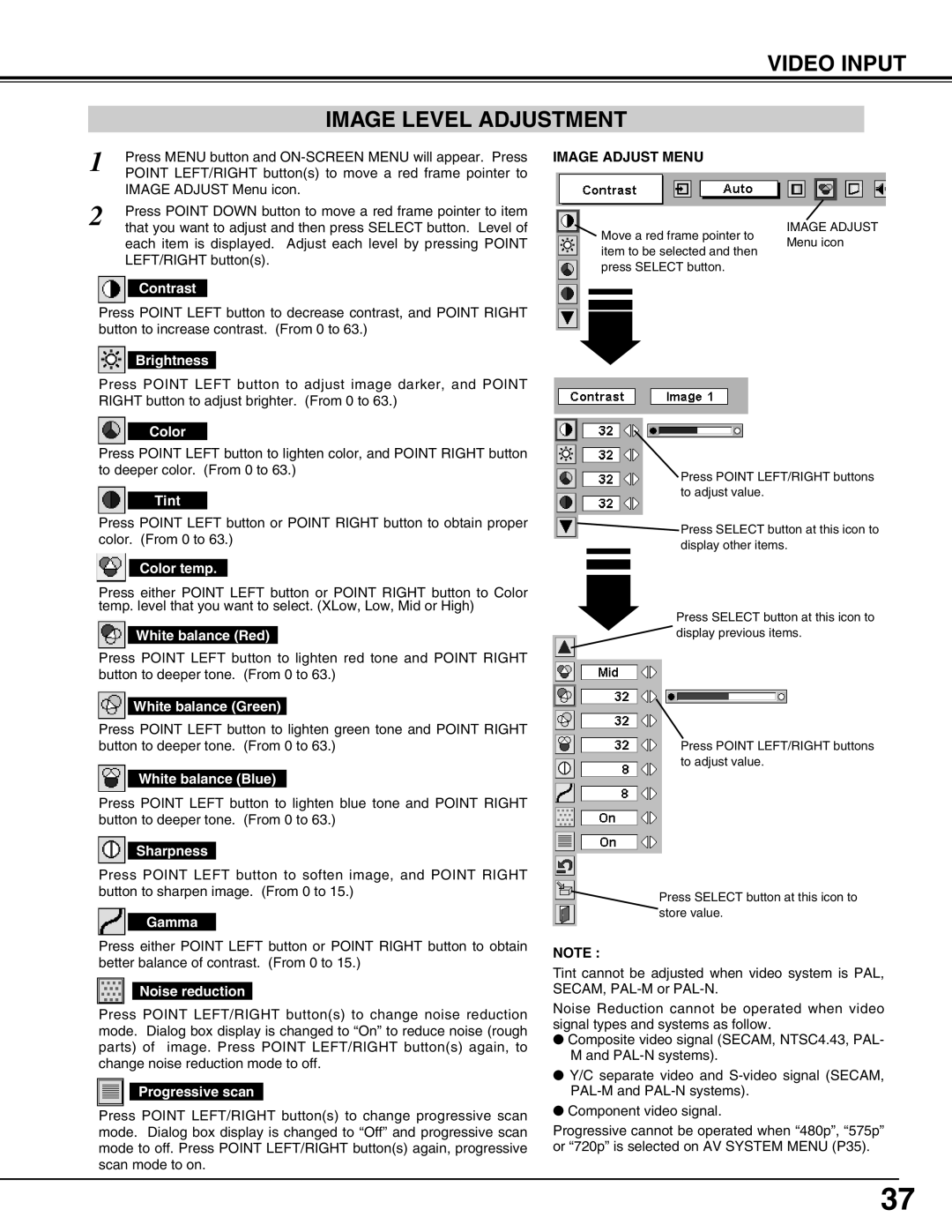 Eiki LC-SX4LA instruction manual Video Input Image Level Adjustment, Image Adjust Menu 
