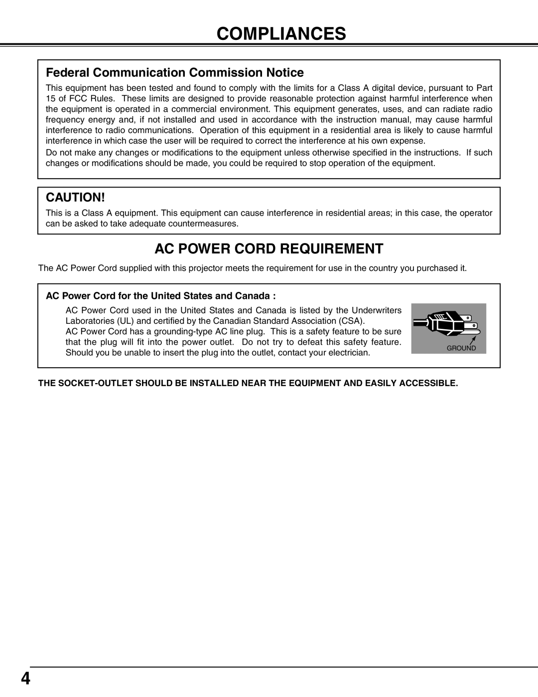 Eiki LC-SX4LA instruction manual Compliances, Ac Power Cord Requirement, Federal Communication Commission Notice 