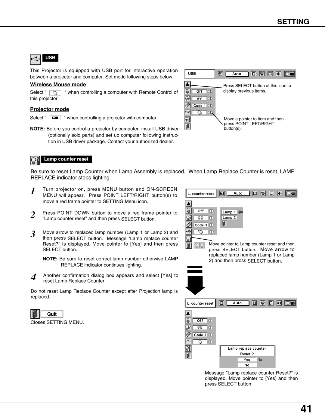 Eiki LC-SX4LA instruction manual Setting, Wireless Mouse mode, Projector mode, Lamp counter reset 