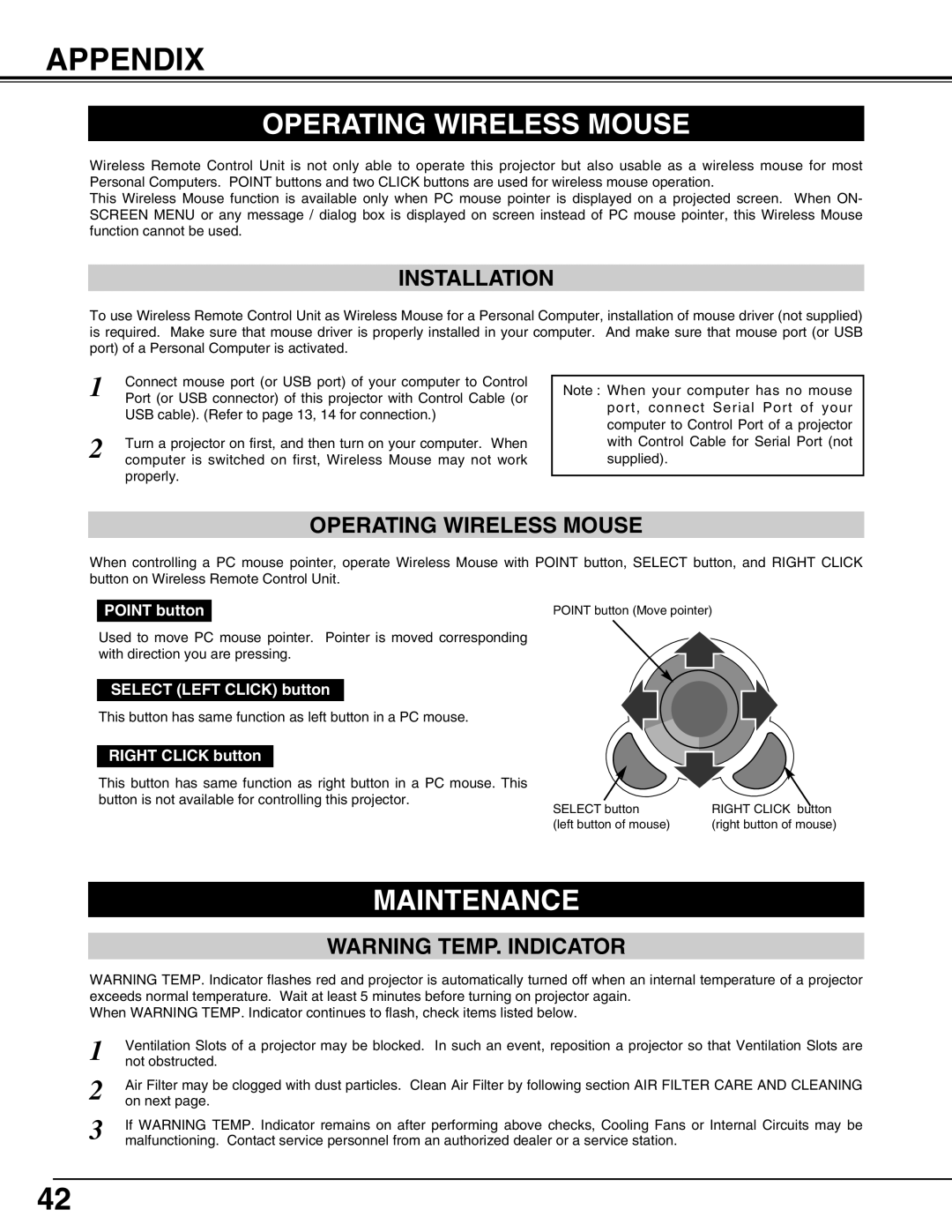 Eiki LC-SX4LA instruction manual Appendix, Operating Wireless Mouse, Maintenance, Installation, Warning Temp. Indicator 