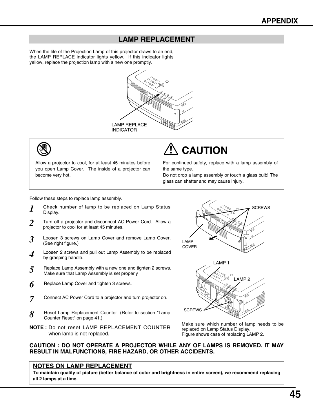 Eiki LC-SX4LA instruction manual Appendix Lamp Replacement, Notes On Lamp Replacement 