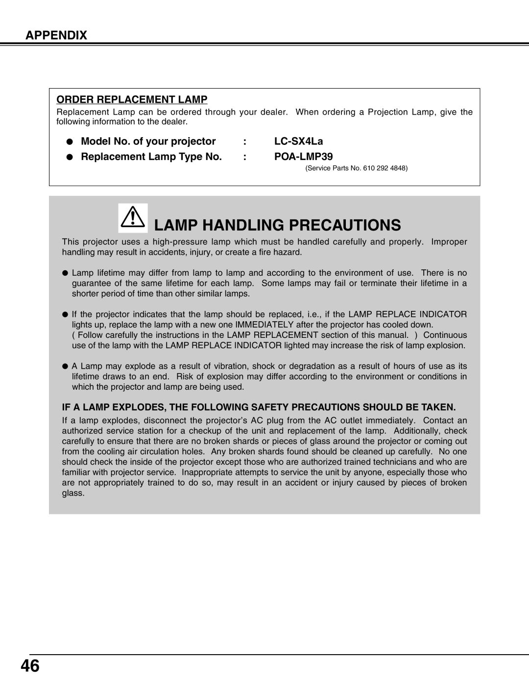 Eiki LC-SX4LA Lamp Handling Precautions, Appendix, Order Replacement Lamp, Model No. of your projector, LC-SX4L a 