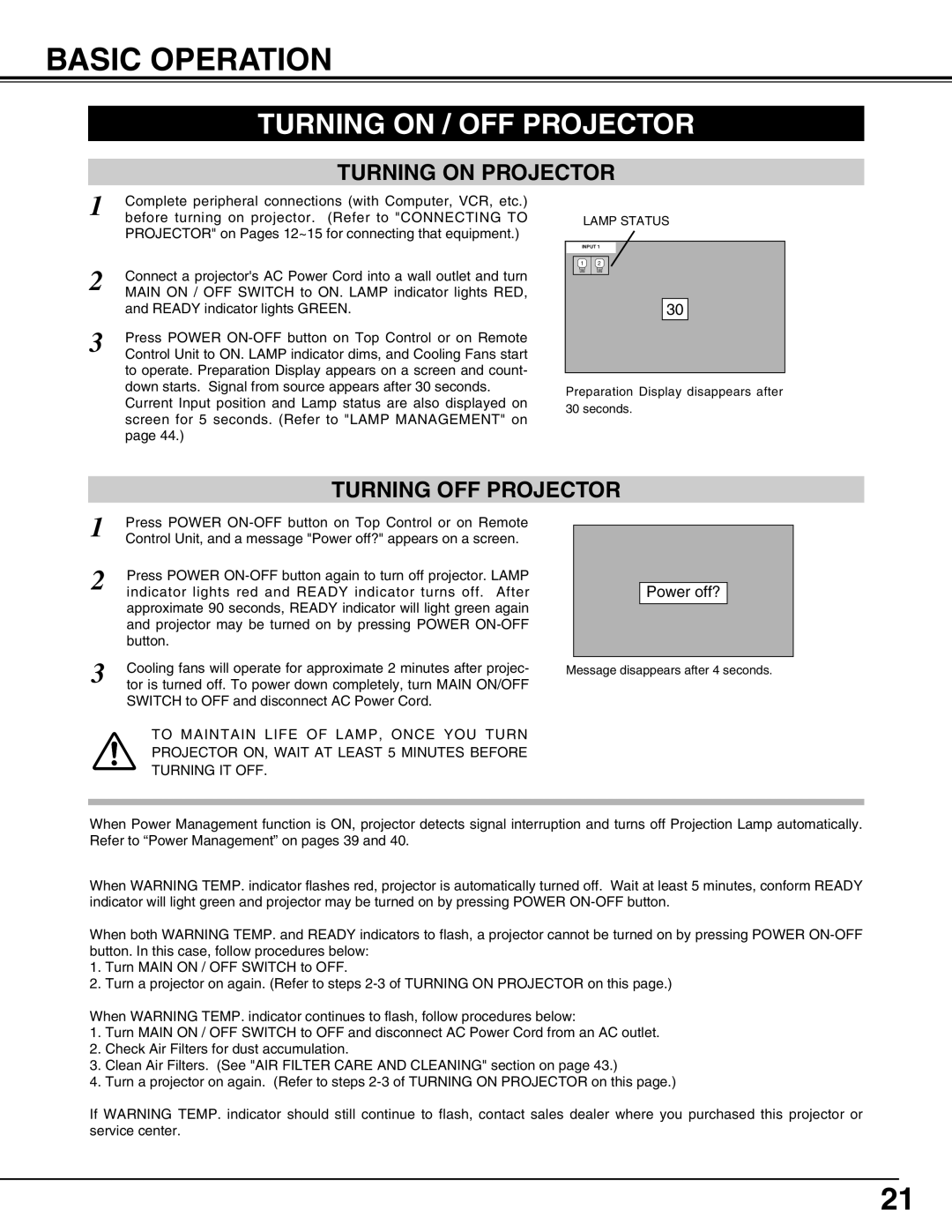 Eiki LC-SX4LA instruction manual Basic Operation, Turning on / OFF Projector, Turning on Projector, Turning OFF Projector 