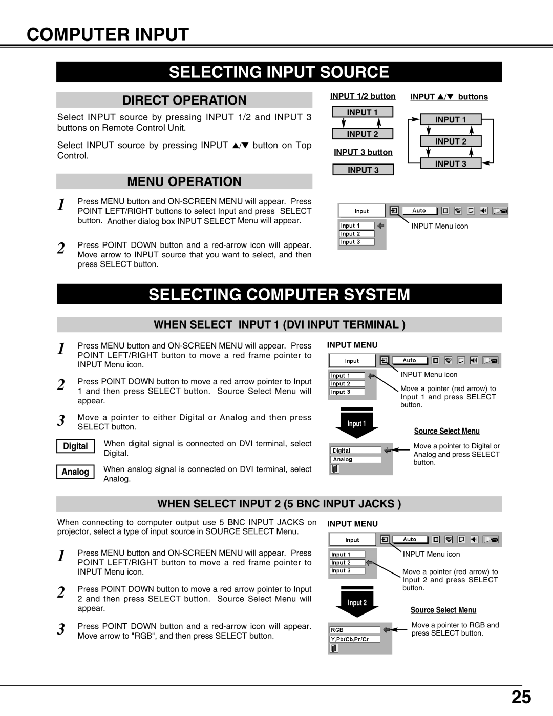 Eiki LC-SX4LA instruction manual Computer Input, Selecting Input Source, Selecting Computer System, Input Menu 