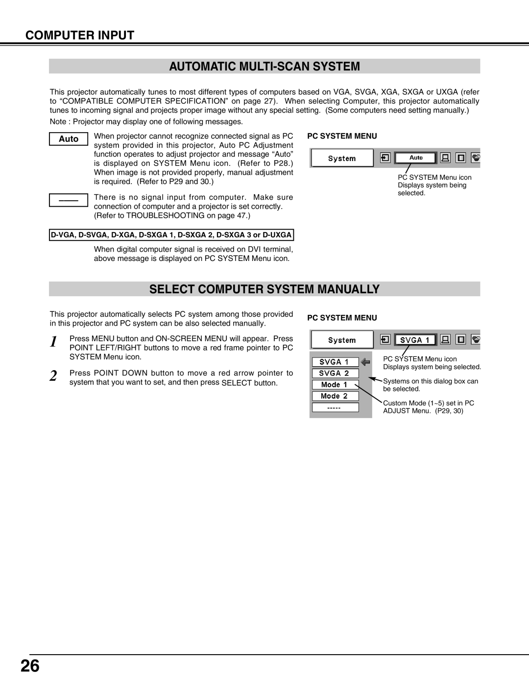 Eiki LC-SX4LA Computer Input Automatic MULTI-SCAN System, Select Computer System Manually, PC System Menu 